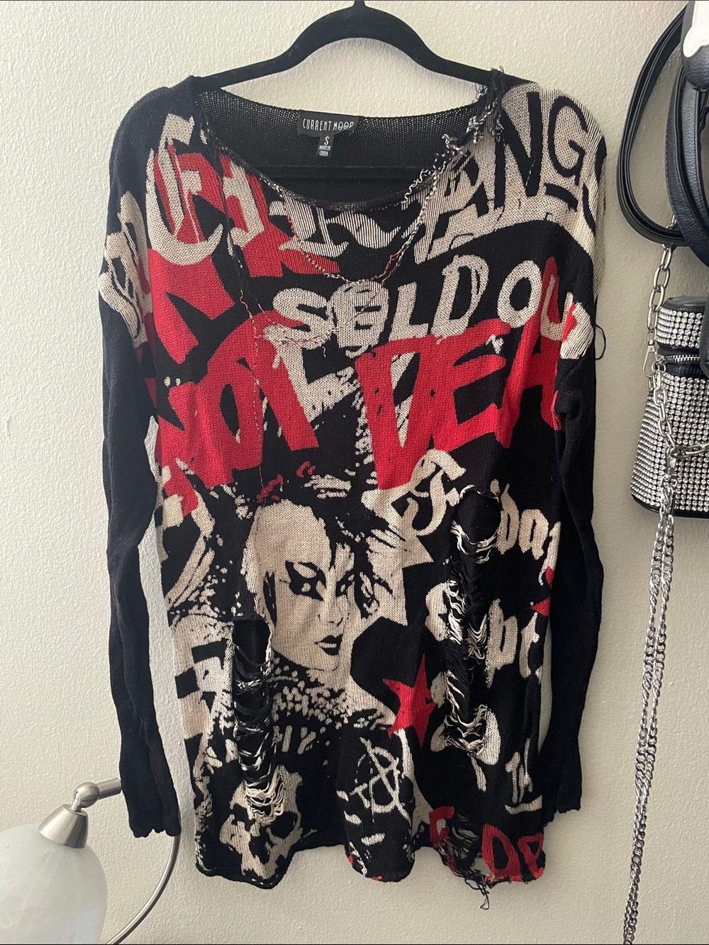 Current Mood Black Red Graphic Distressed Long Sleeve Top